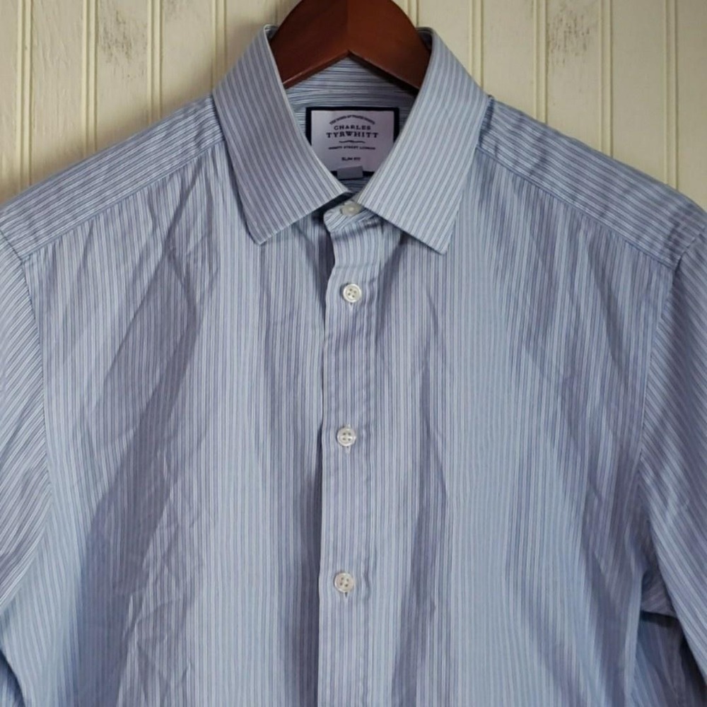 Charles Tyrwhitt Shirt Mens Large Blue Stripe Slim Fit Cotton Long Sleeve